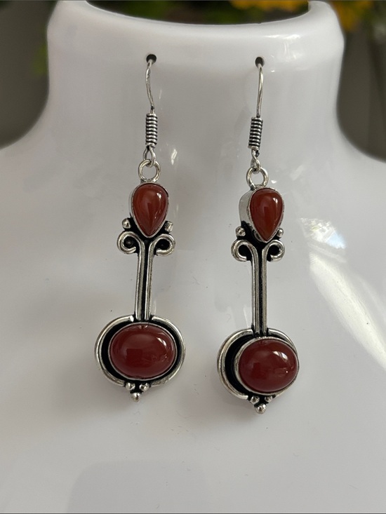 Hand Crafted Jewelry - Silver Red Carnelian Gemstone Drop Dangle Earrings